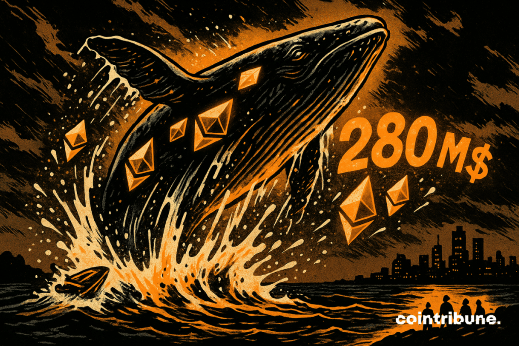 A colossal whale bursts out of the water, its body covered in luminous reflections in the shape of Ethereum logos. In the splashing water, stylized Ethereum crystals and a gigantic "0 million" appear in numbers, almost etched into the water. On a shore, tiny human silhouettes of crypto traders stare open-mouthed at the scene.