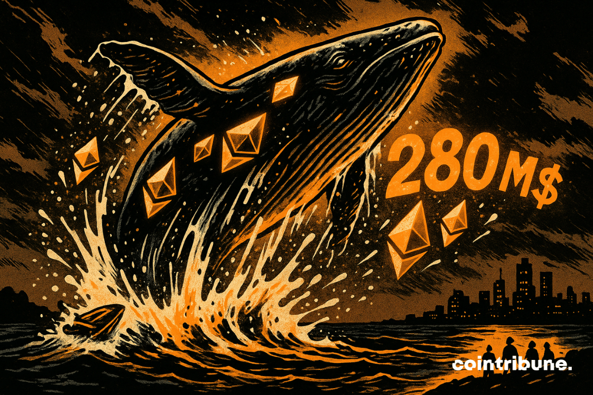 A colossal whale bursts out of the water, its body covered in luminous reflections in the shape of Ethereum logos. In the splashing water, stylized Ethereum crystals and a gigantic "$280 million" appear in numbers, almost etched into the water. On a shore, tiny human silhouettes of crypto traders stare open-mouthed at the scene.