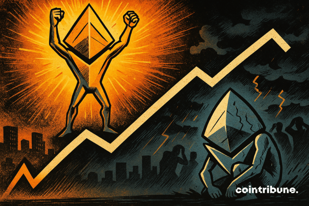 Two personified figures of the Ethereum crypto. One at the top of a bright curve (August, euphoria), the other at the bottom of a downward curve (September, dejected).
