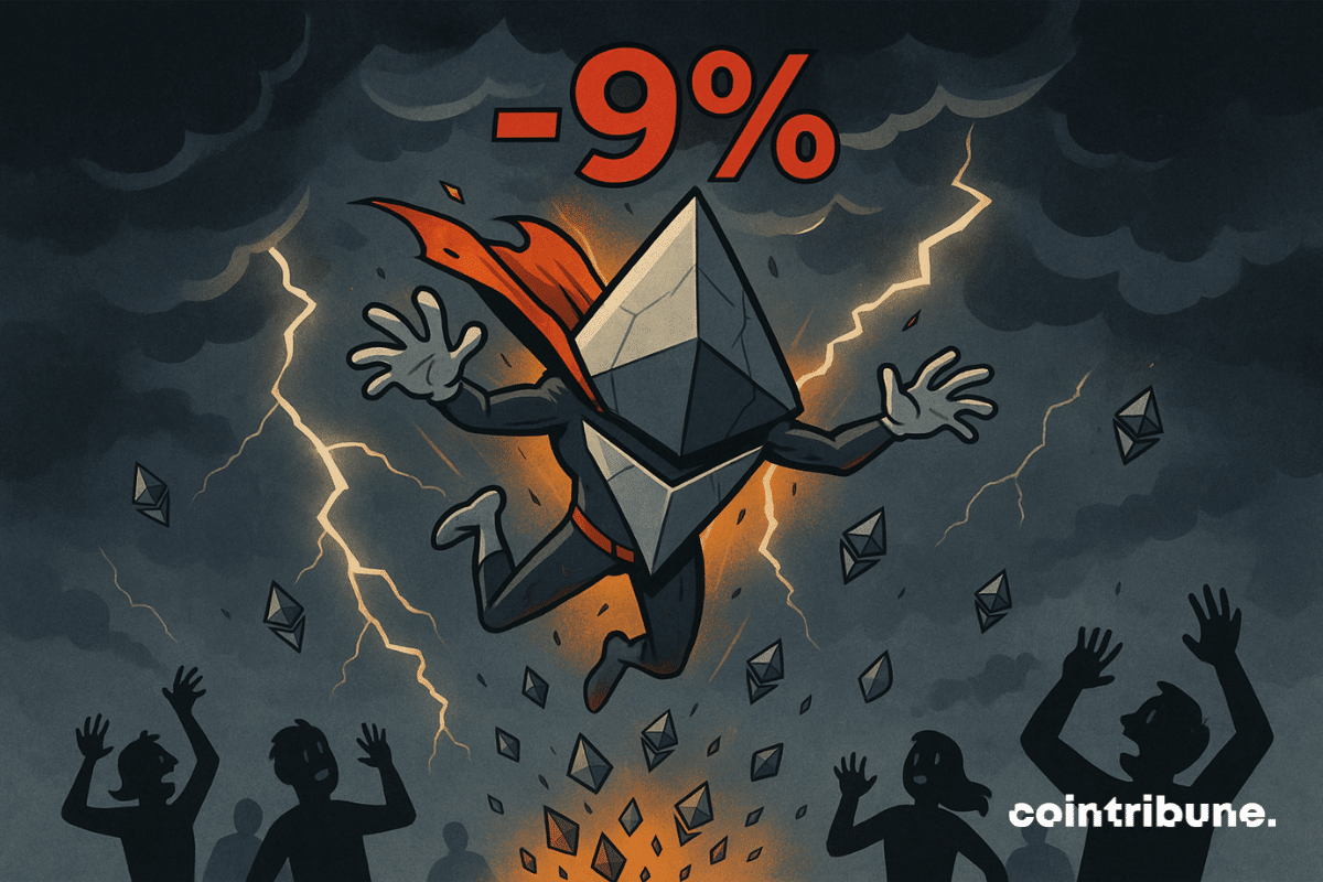 A character symbolizing the Ethereum cryptocurrency is in free fall with “-9%” written boldly on a cloud.