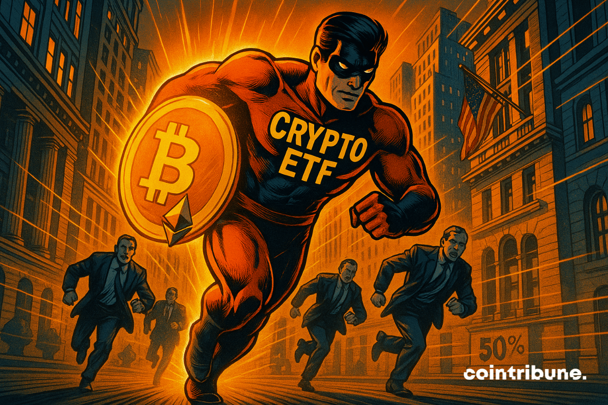 ETF de criptomoedas de super-heróis dispara em Wall Street com escudo cripto brilhante.