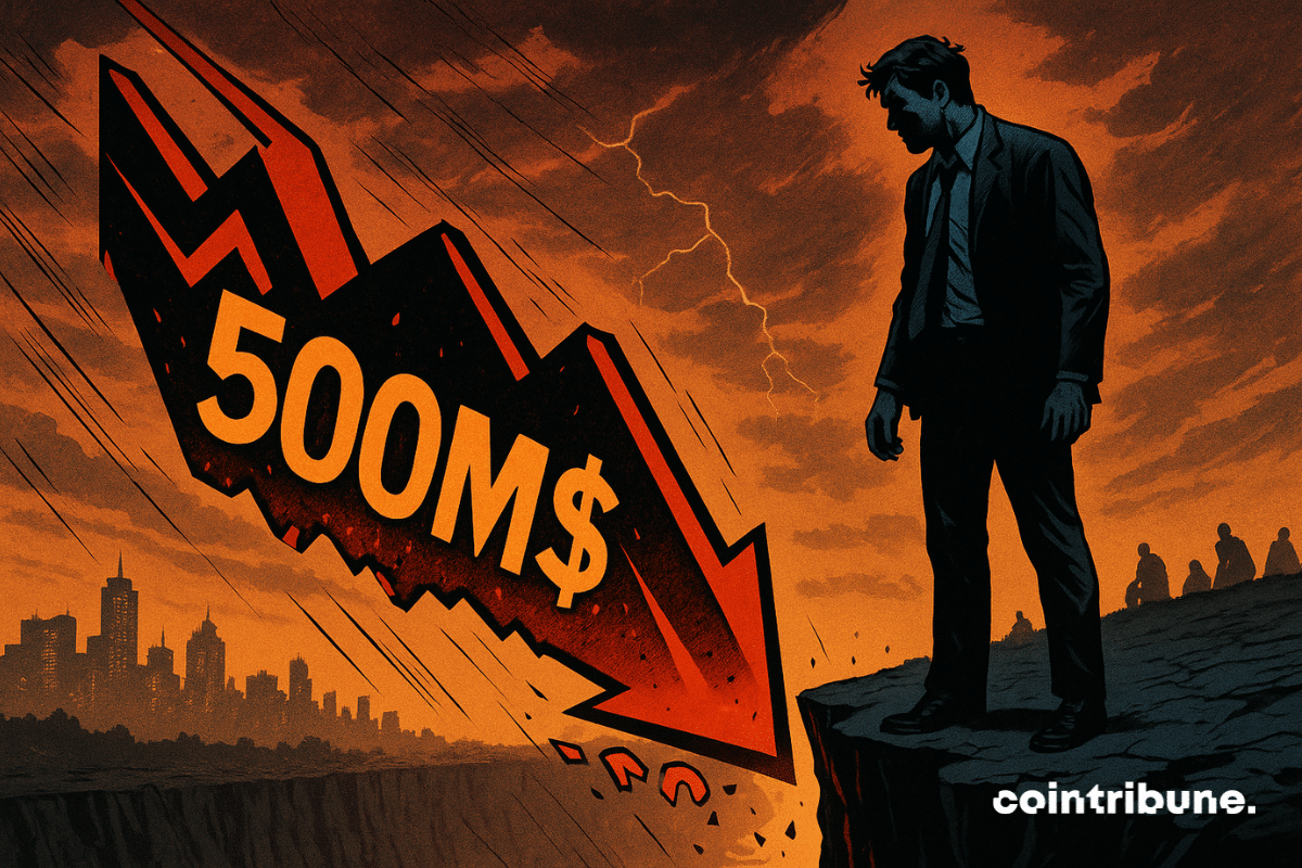 A crypto trader on the edge of a cliff, symbolizing the massive liquidations.