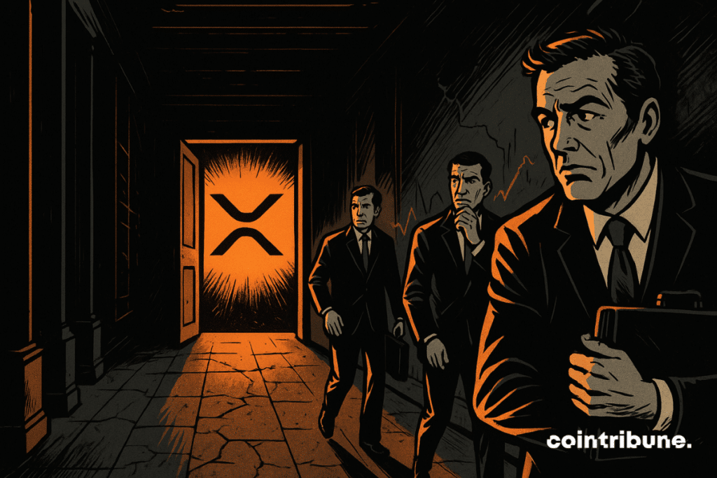A door at the end of the corridor stands ajar, revealing an intense orange glow. In this light, the XRP logo floats, like a shining, unattainable promise. Three crypto investors in suits advance toward the door.