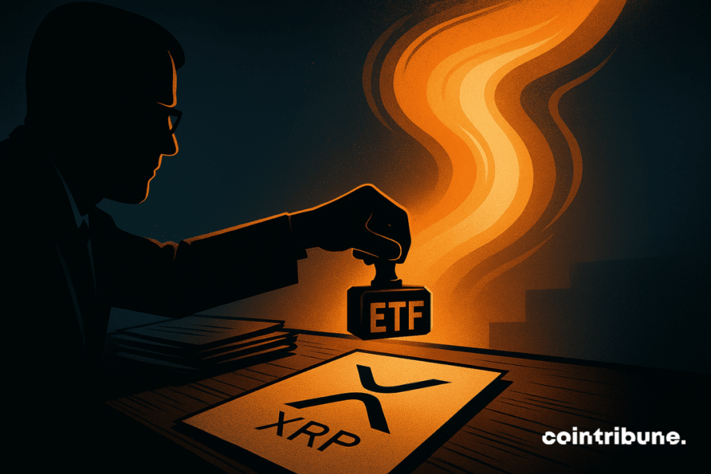 A regulator reaching a hesitant hand toward a button or a stamp. XRP crypto is now in the ETF spotlight.