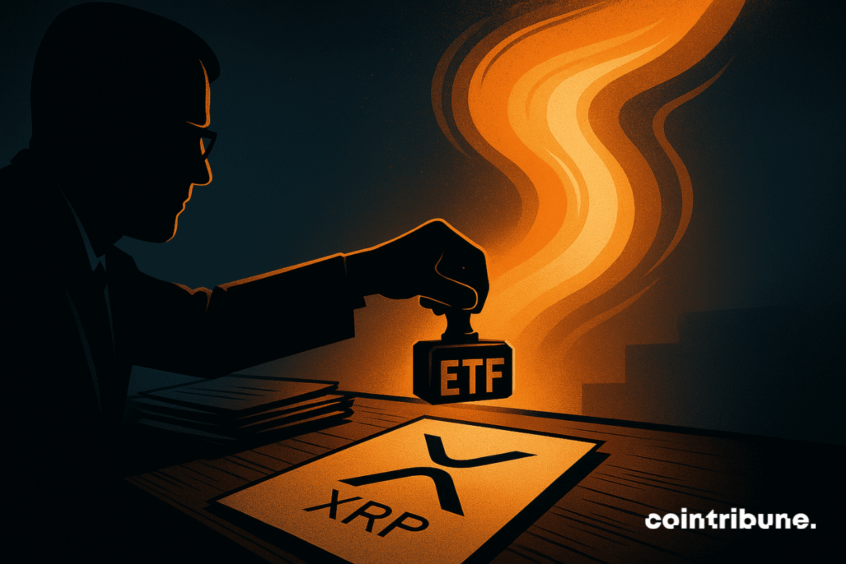 A regulator reaching a hesitant hand toward a button or a stamp. XRP crypto is now in the ETF spotlight.
