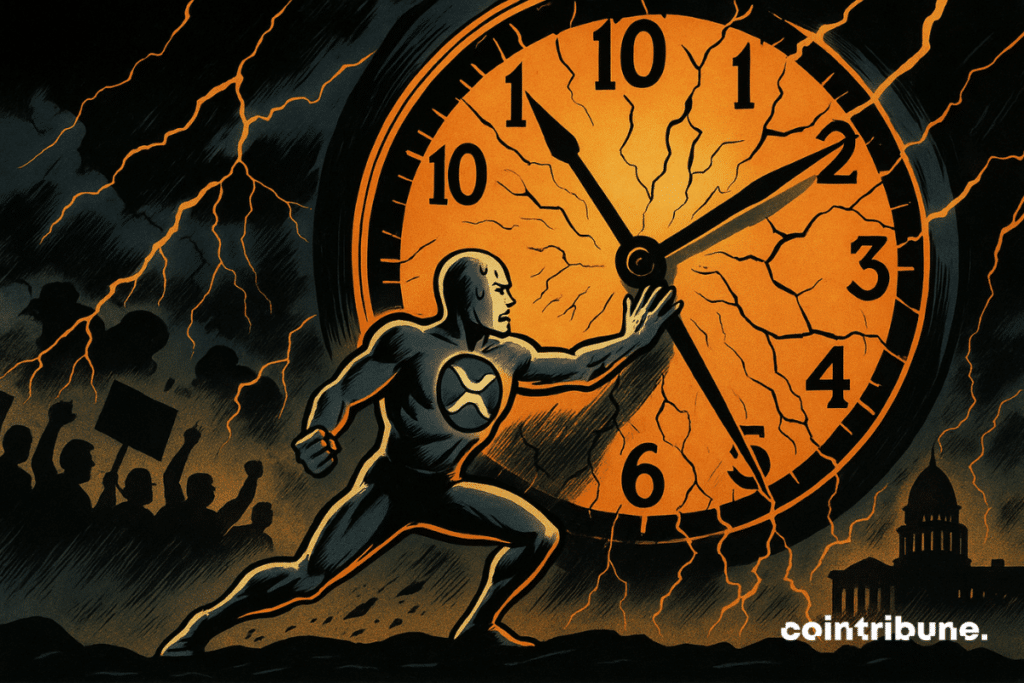 XRP, personified, is placed at the forefront. The crypto desperately tries to hold back the clock’s hands with its arms, its face tense with effort, muscles strained, a bead of sweat running down its forehead.
