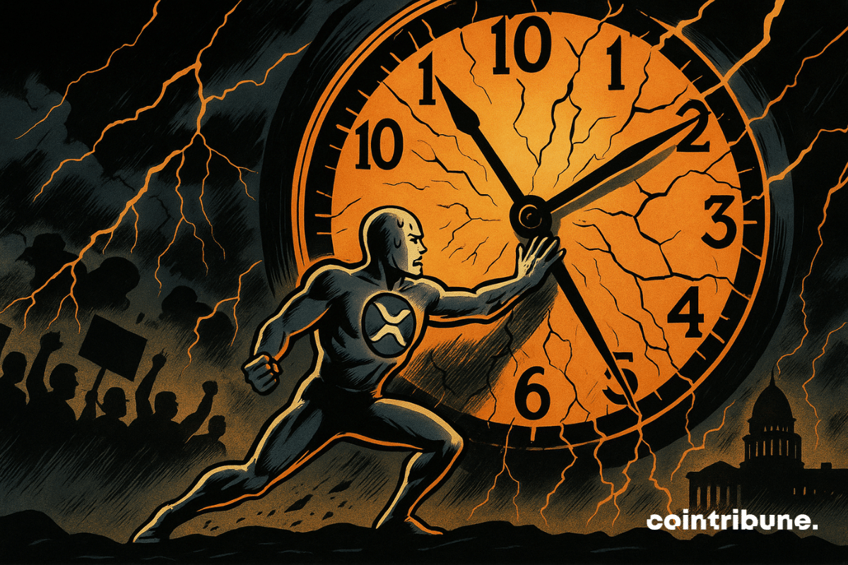 XRP, personified, is placed at the forefront. The crypto desperately tries to hold back the clock’s hands with its arms, its face tense with effort, muscles strained, a bead of sweat running down its forehead.