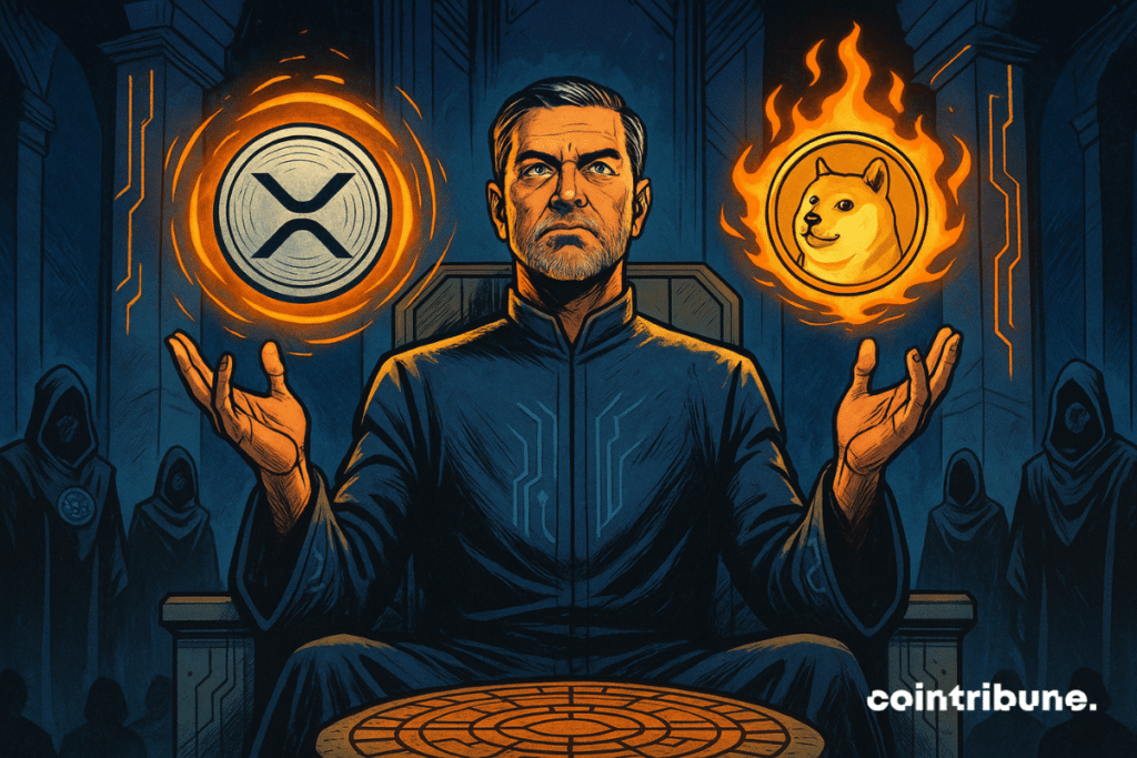 Raoul Pal, retratado como uma figura visionária e mística do mundo cripto. Sentado em um trono de alta tecnologia, com o tronco ereto e os braços levemente erguidos para os lados, ele tem um olhar intenso e penetrante voltado para frente. Os logotipos do XRP e do Dogecoin o cercam.