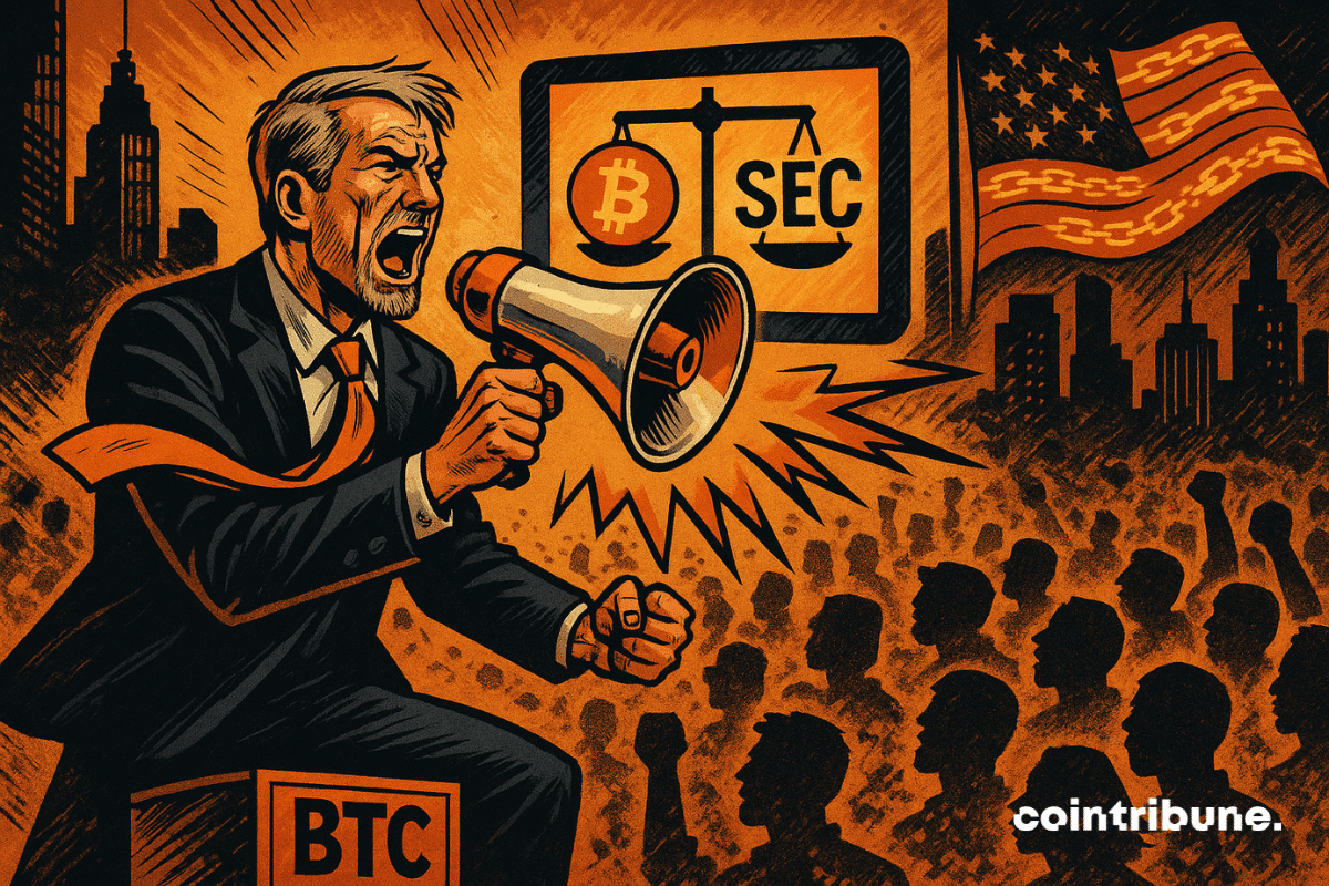 Um homem de cabelos grisalhos e terno está em cima de uma caixa de BTC, gritando em um megafone para uma multidão digital, com uma balança mostrando Bitcoin e a SEC em uma tela brilhante atrás dele.