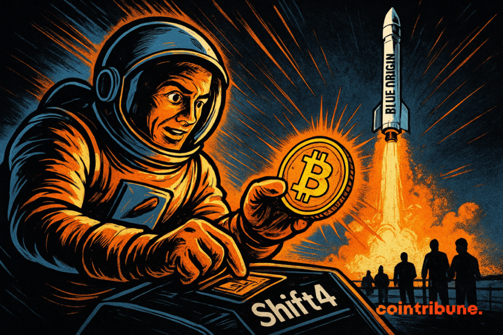 Uma ilustração em quadrinhos no estilo dos anos 1970 de um astronauta inserindo uma criptomoeda brilhante em um console Shift4 enquanto um foguete Blue Origin é lançado ao fundo.