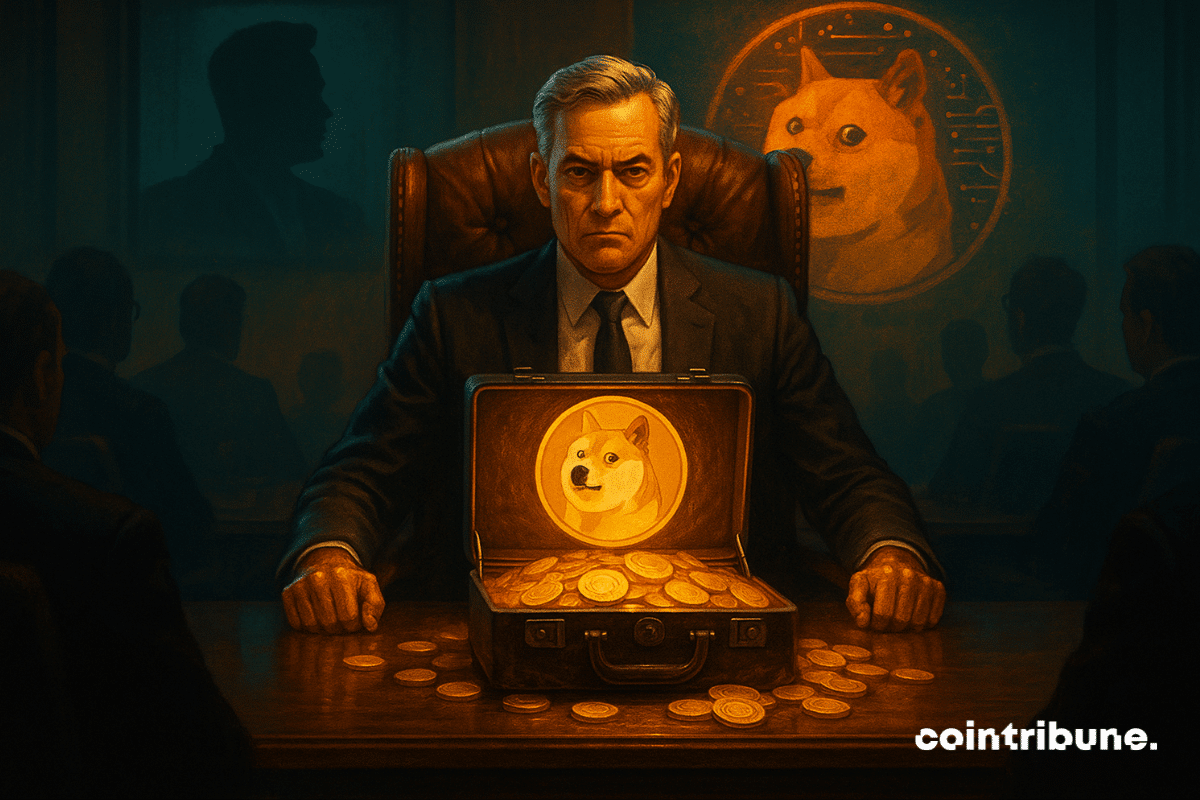 Lawyer at head of boardroom table with glowing Dogecoin briefcase.