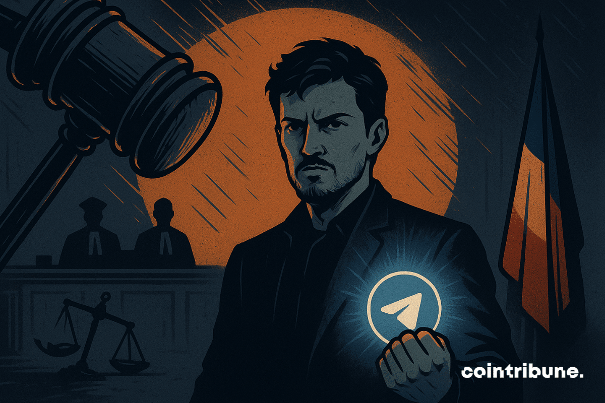 Pavel Durov holds glowing Telegram logo in courtroom as gavel looms, symbolizing clash with French justice.