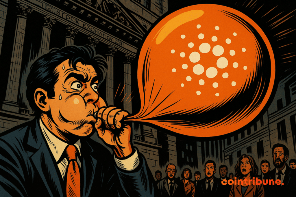 A man in a suit inflates a huge orange Cardano balloon in front of the Stock Exchange, a stunned crowd, 70s comic book style.
