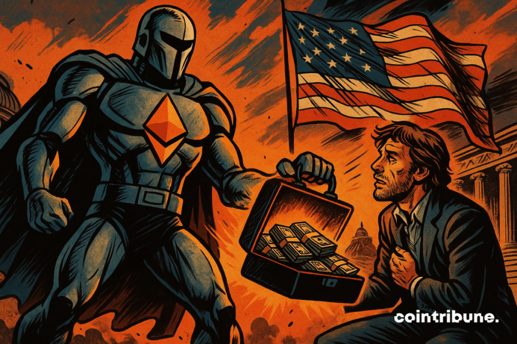 Um super-herói do Ethereum entrega uma maleta de dinheiro para Roman Storm em frente a uma bandeira americana em uma cena dramática.