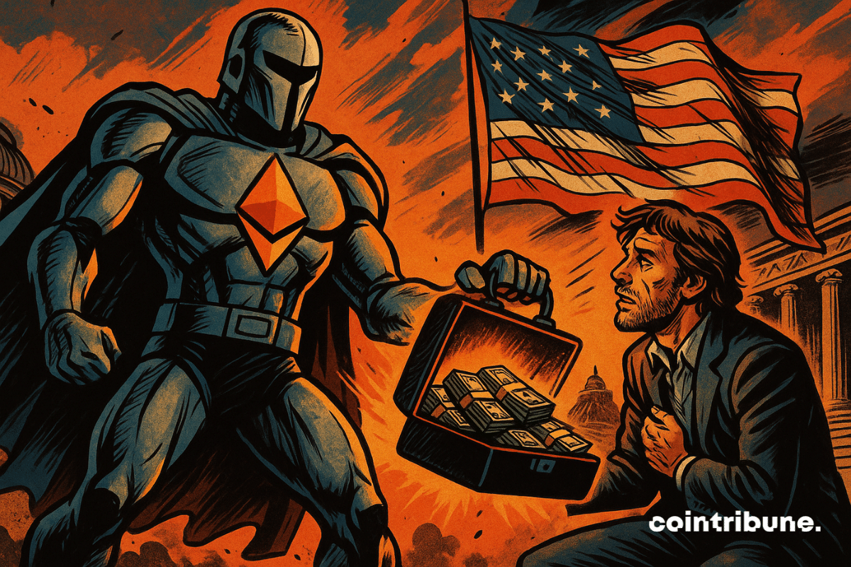 Un super-héros Ethereum tend une mallette de billets à Roman Storm, devant un drapeau américain, dans une scène dramatique.