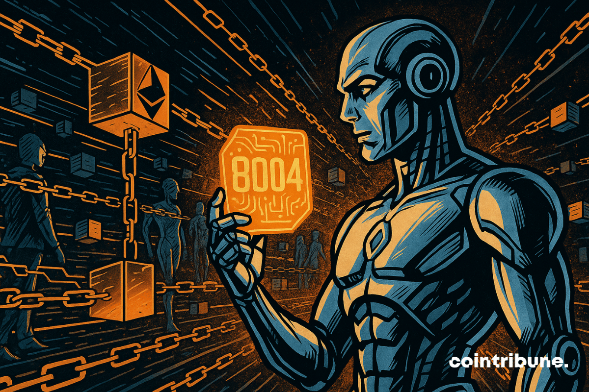 Futuristic android on a luminous data bridge, ERC-8004 hologram, floating Ethereum chains, digital silhouettes, lines of movement, dramatic orange light.