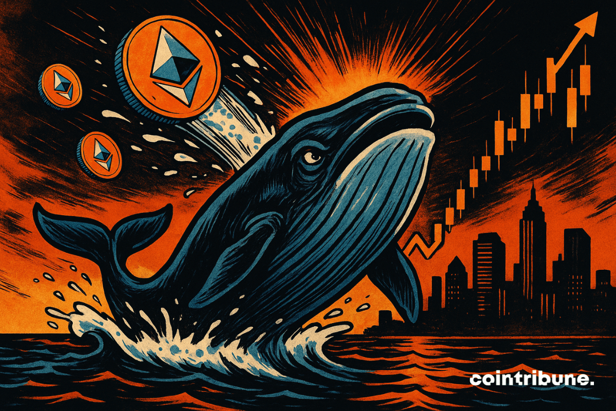 Una ballena gigante irrumpe de las olas, impulsando brillantes tokens de Ethereum hacia un cielo naranja, completo con horizonte y gráfico ascendente.