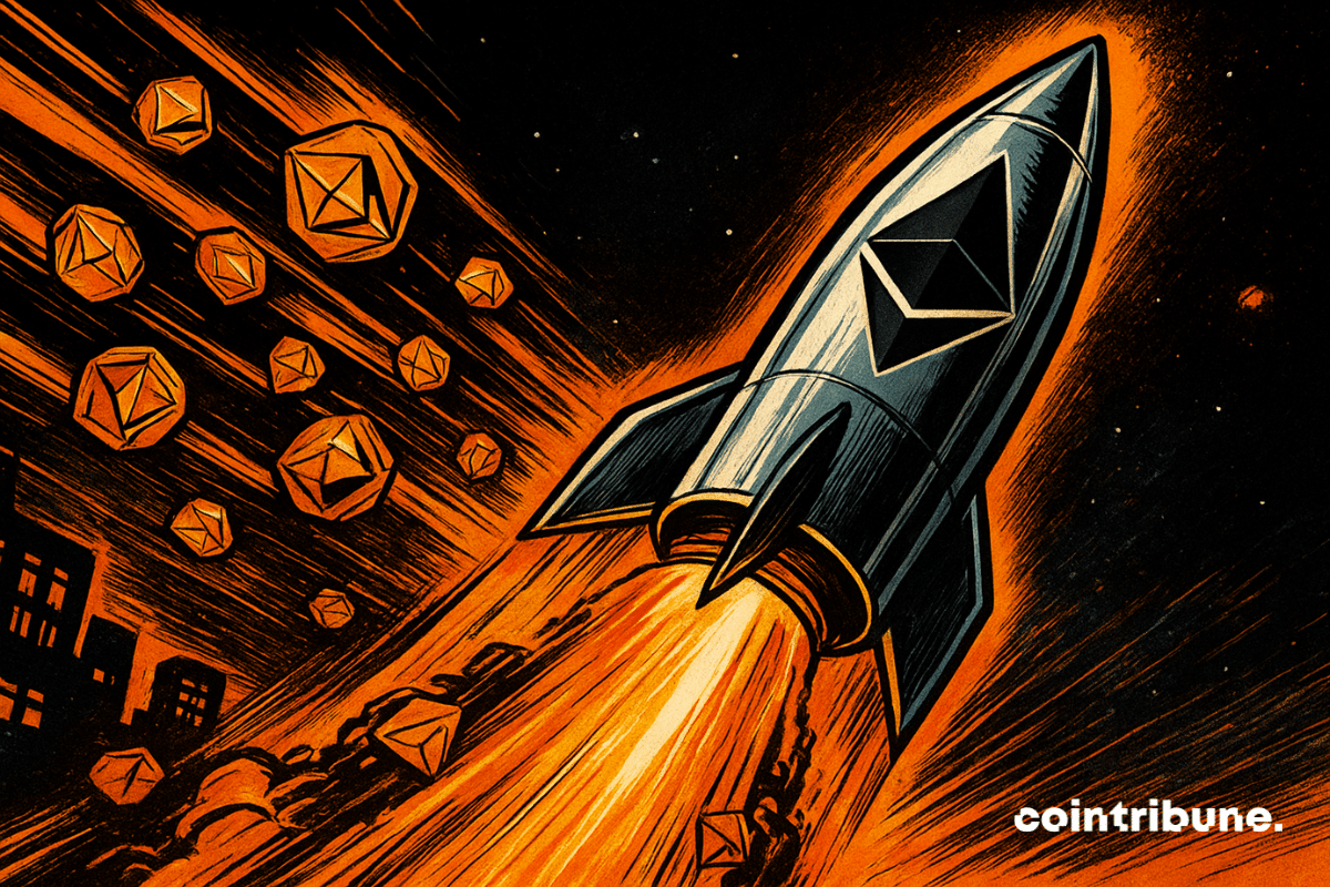 Uma ilustração em quadrinhos no estilo retrô dos anos 1970 de um foguete prateado com o logotipo do Ethereum, sendo lançado ao espaço com jatos de moedas ETH laranja brilhantes.
