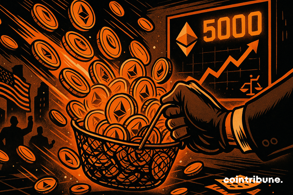 Pegando moedas de Ethereum manualmente e colocando-as em uma cesta com um gráfico de preço crescente mostrando 5000.