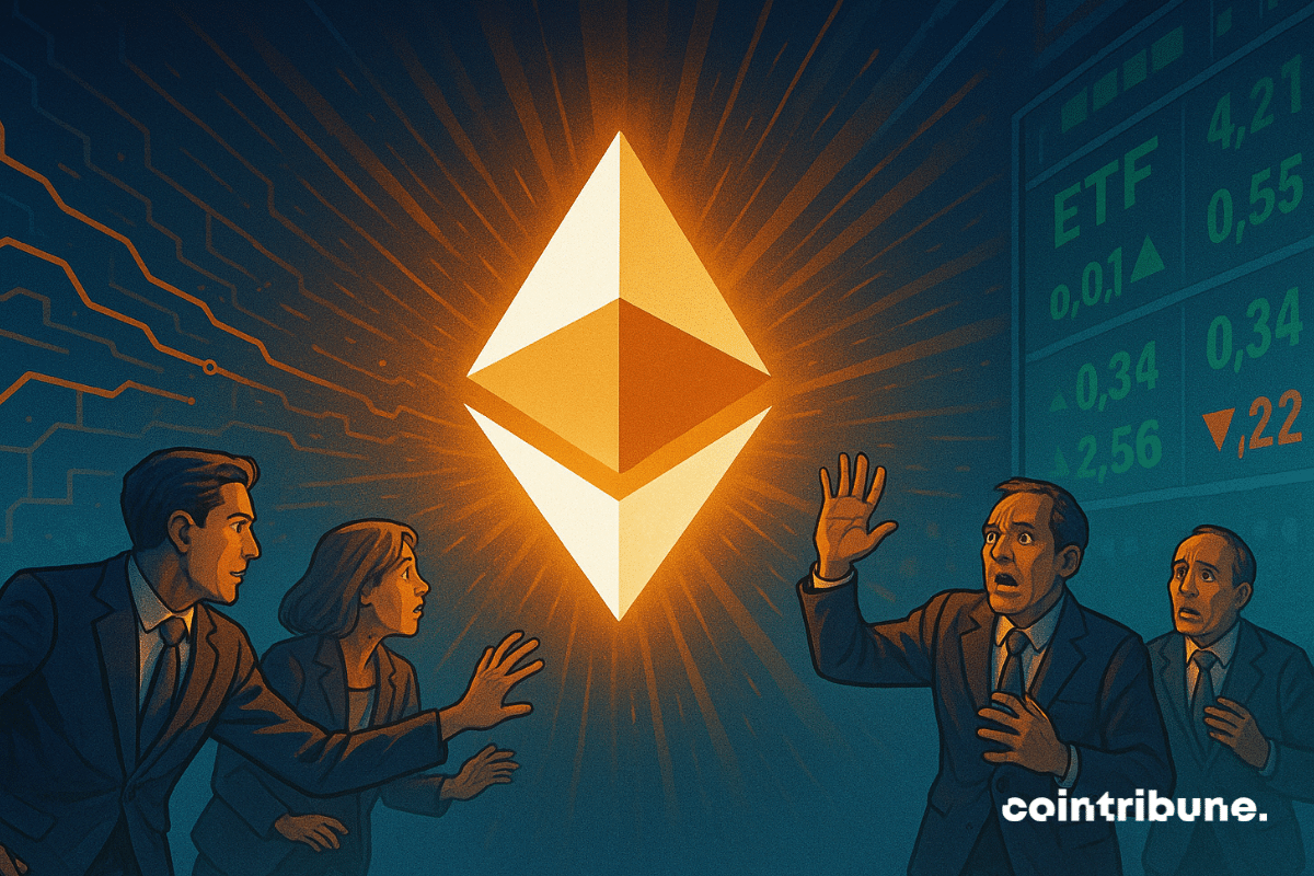 O logotipo do Ethereum brilha intensamente enquanto os traders reagem com emoções misturadas ao lado dos gráficos de ETFs.