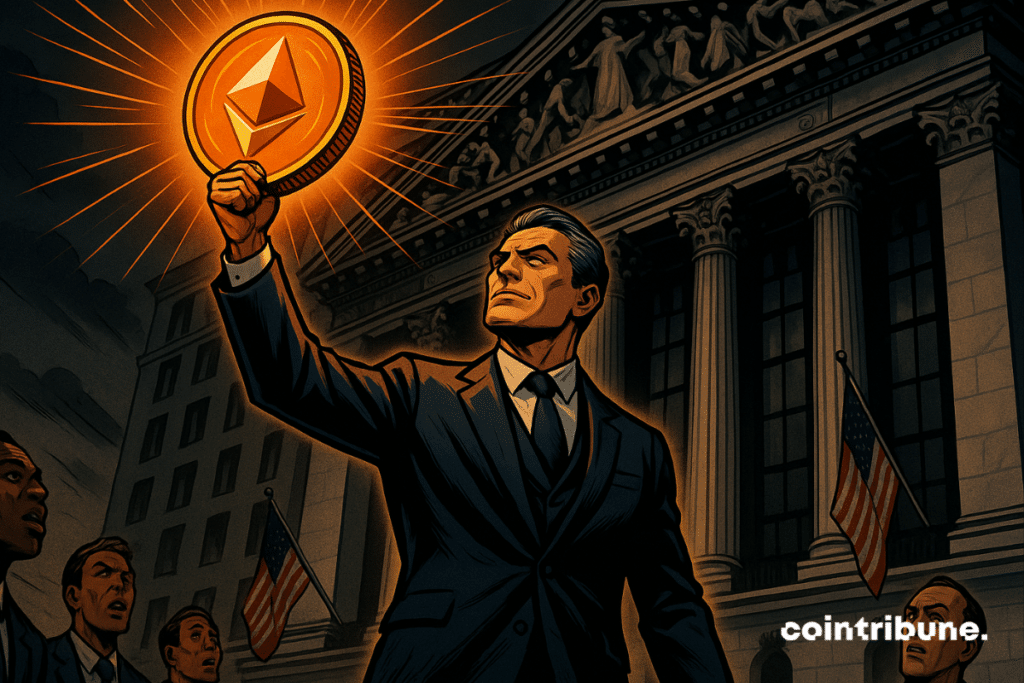 Empresário levanta moeda Ethereum brilhante, simbolizando seu papel como stablecoin de Wall Street.