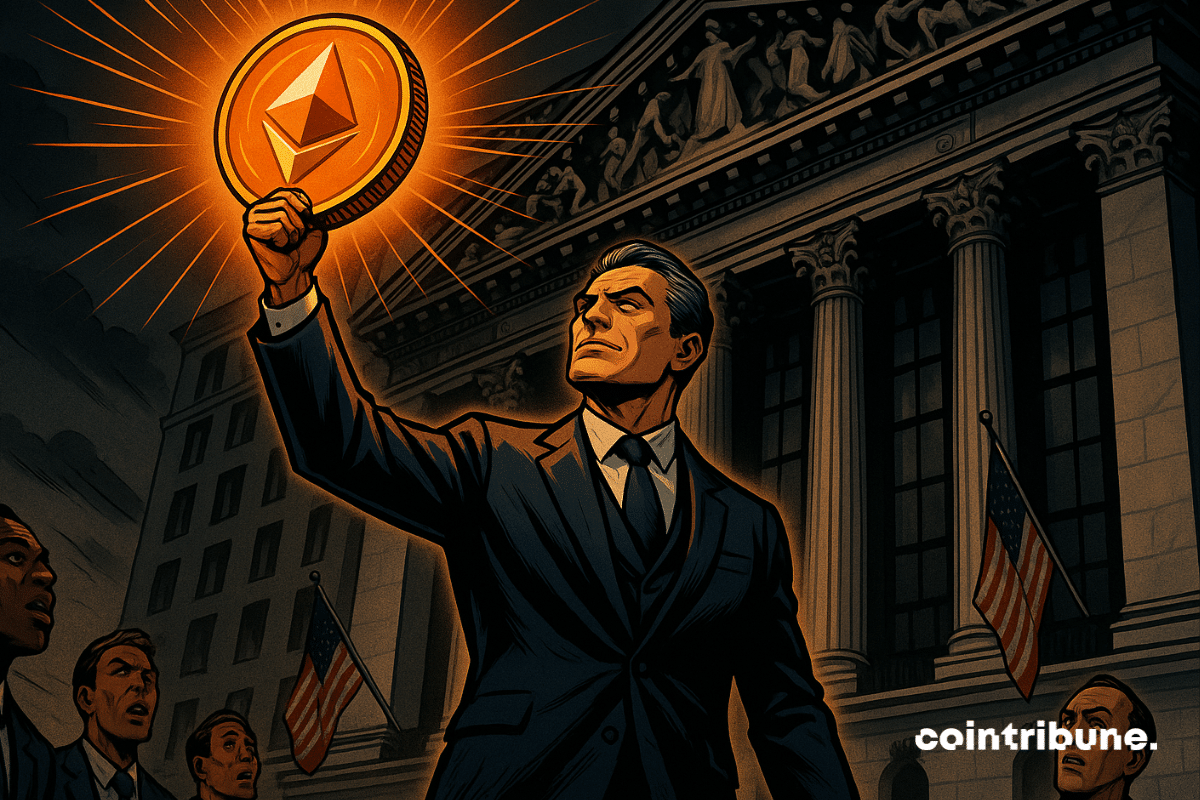 Empresário levanta moeda Ethereum brilhante, simbolizando seu papel como stablecoin de Wall Street.