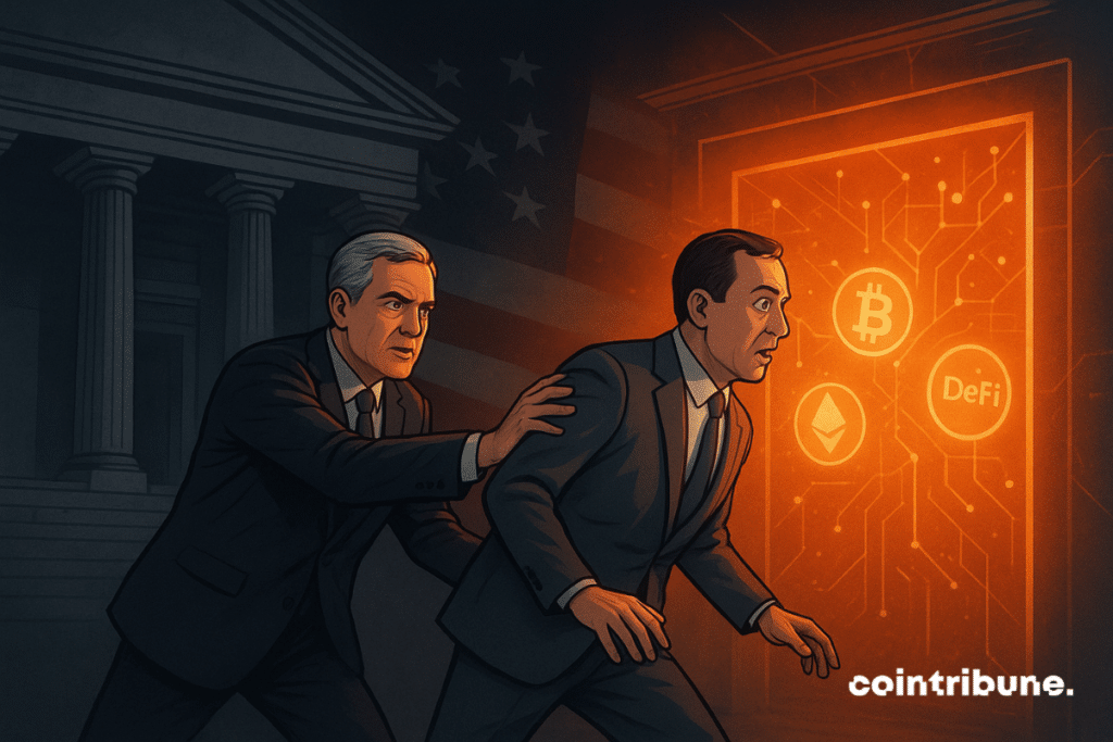 Un gobernador de la Reserva Federal de Estados Unidos empuja a un banquero reticente con traje hacia una puerta digital brillante con símbolos de Bitcoin, Ethereum y DeFi.