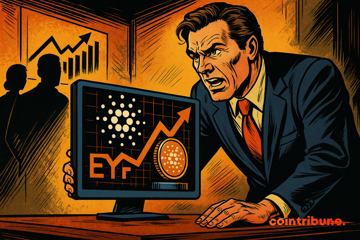 Manager presents a Cardano ETF, surrounded by spectators, concentrated expressions, palpable anticipation, collective enthusiasm, opportunity, innovation, energy and financial tension.