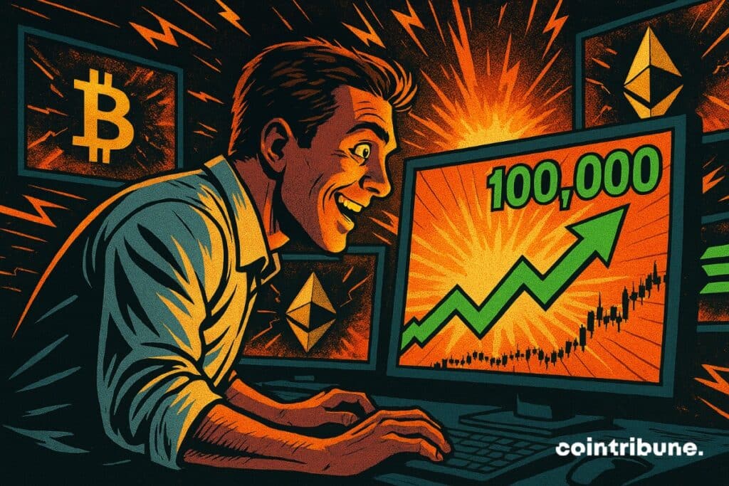 Um investidor em cripto diante de telas de bitcoin e Ethereum que exibem números absurdos.