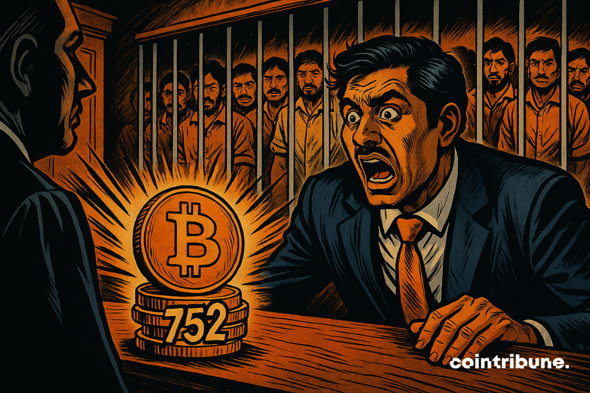 Empresário indiano aterrorizado, 14 criminosos algemados atrás das grades, pilha brilhante de Bitcoins, tensão dramática, expressões fortes, atmosfera sombria.