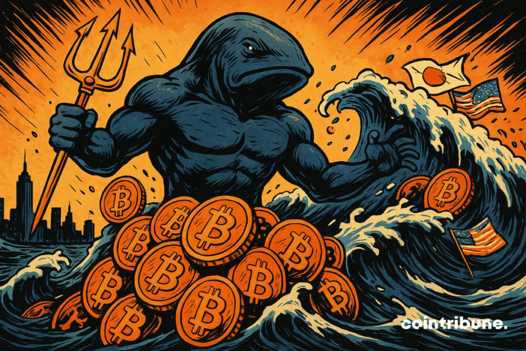 Uma criatura metade baleia, metade homem, empunhando um tridente, emerge de um tsunami de Bitcoins, em frente a uma cidade e agitando bandeiras.