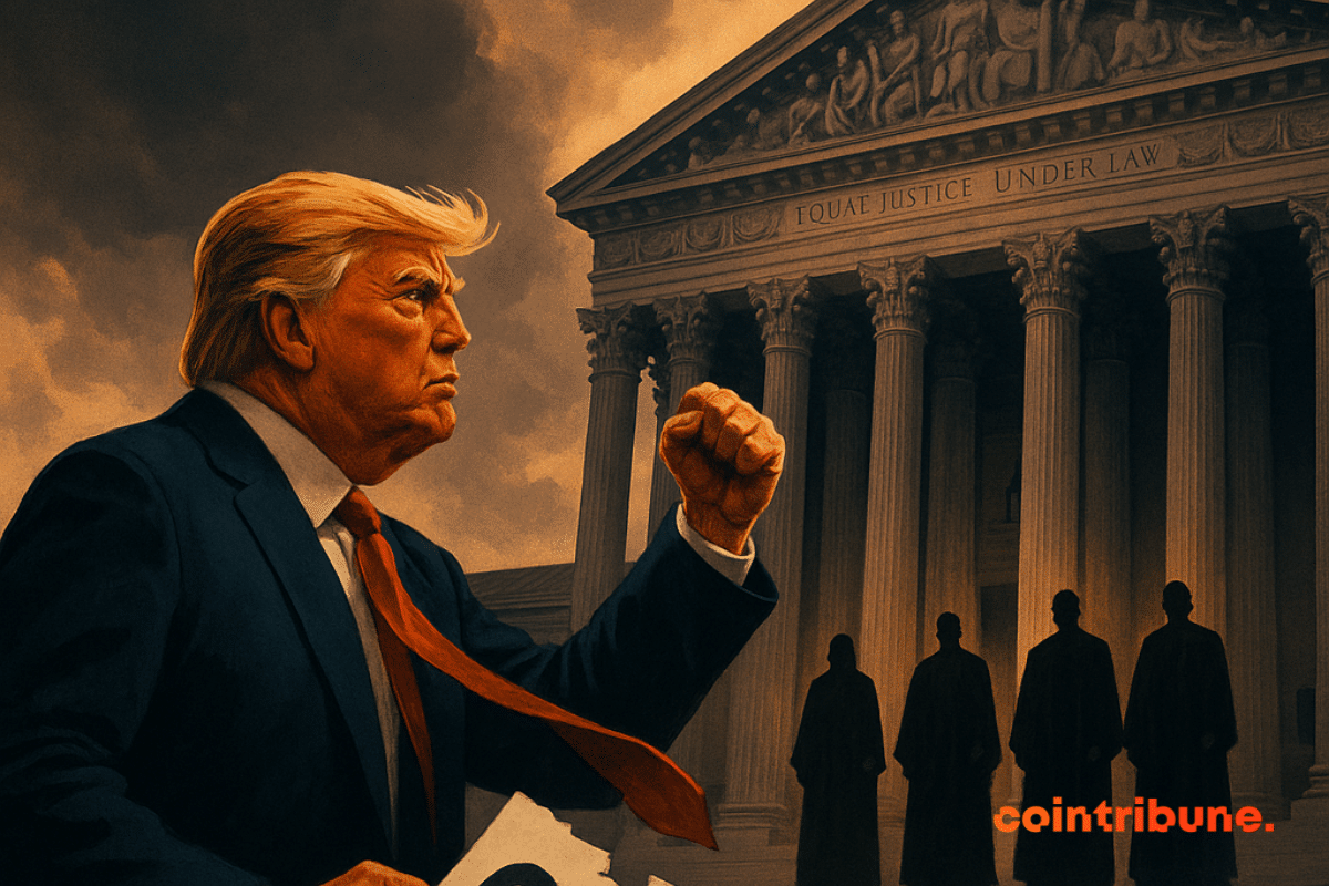 Donald Trump segura um documento rasgado do lado de fora da Suprema Corte, sob um céu tempestuoso tingido de laranja dramático.