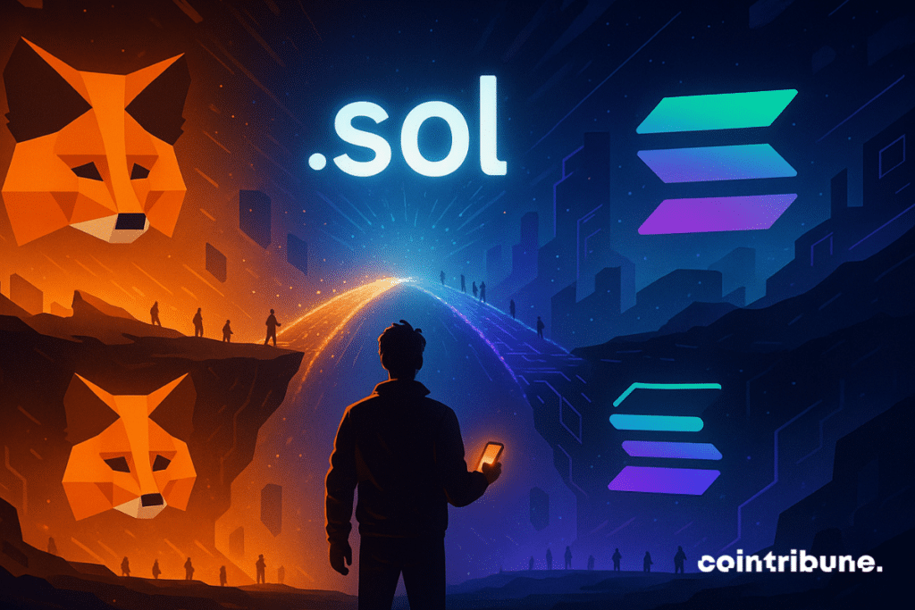 Utilisateur de Metamask sur un pont numérique reliant Solana avec un domaine .sol lumineux ci-dessus.