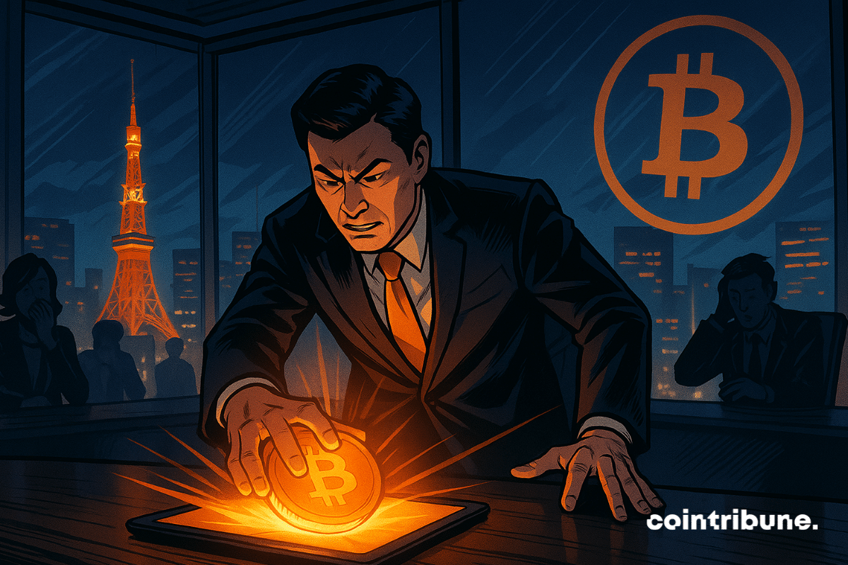 Executivo da Metaplanet joga moeda de Bitcoin em tablet em sala de reuniões de Tóquio, cidade iluminada e tensão ao fundo.