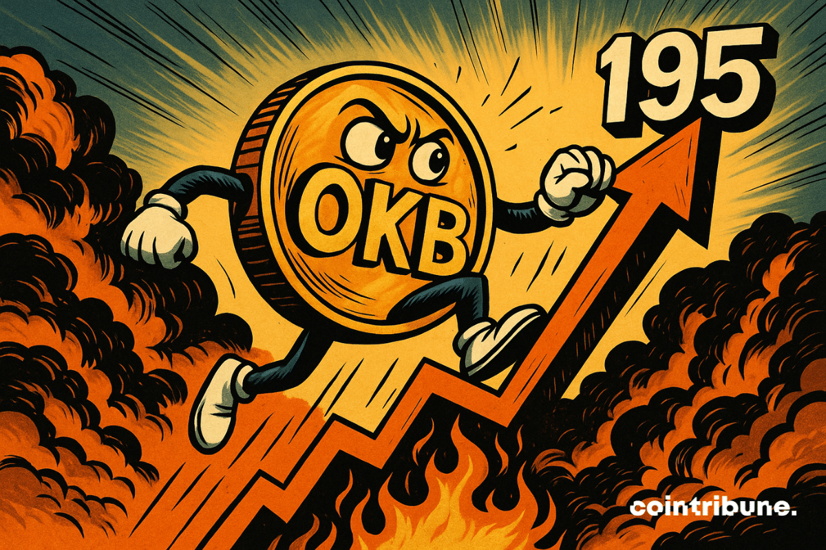 Anthropomorphised OKB token climbs a graph, blue sky and orange clouds, rays of light, dynamic lines, dramatic shadows, euphoric expression.