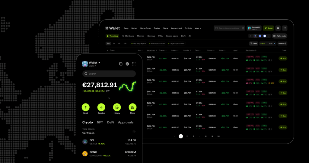 OKX wallet interface showing a €27,812 balance with green charts and a list of trending tokens, set against a stylized map of Europe.