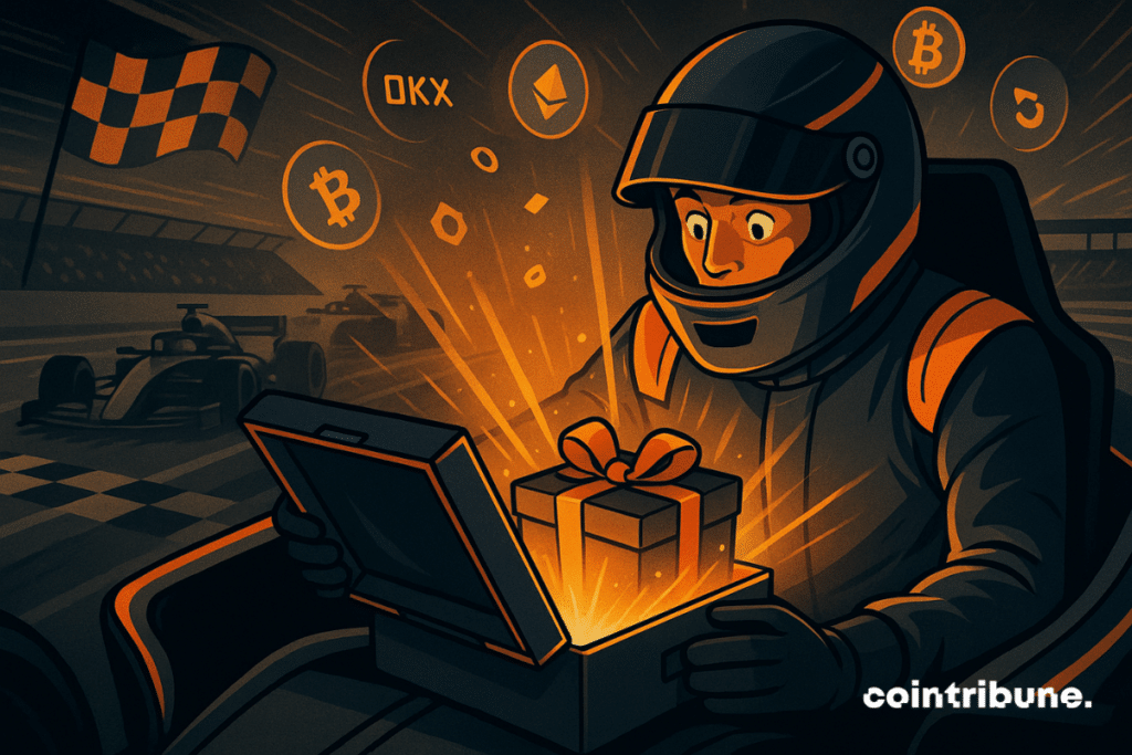 An F1 driver opens a box containing a glowing gift, with crypto logos like Bitcoin, Ethereum, and OKX in the background on a racing circuit.