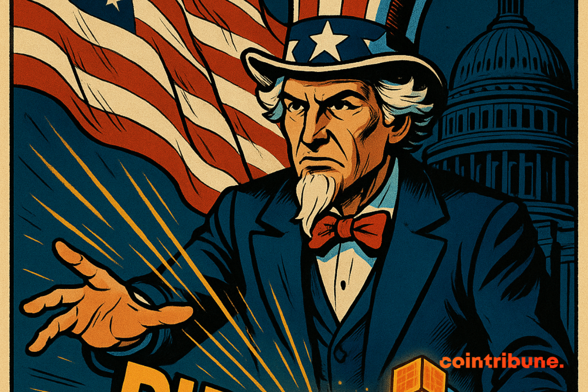 O Tio Sam projeta números do PIB dos EUA em cubos brilhantes de blockchain em frente à bandeira dos EUA e ao Capitólio.