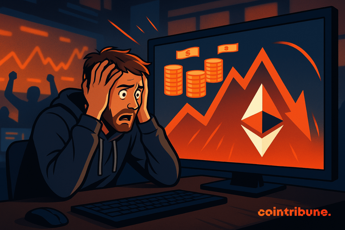 Un comerciante sorprendido observa cómo Ethereum se desploma a pesar de las entradas masivas, lo que simboliza la paradoja actual en el mercado de criptomonedas.