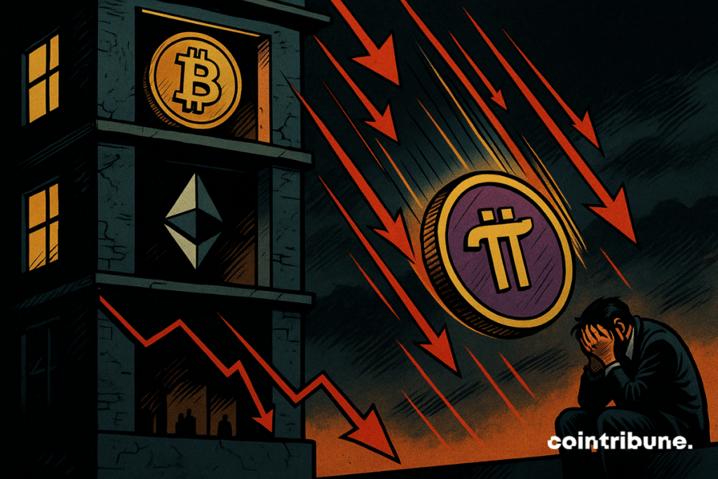 The Pi Network logo is falling from an upper floor. A panicked crypto investor watches the scene.