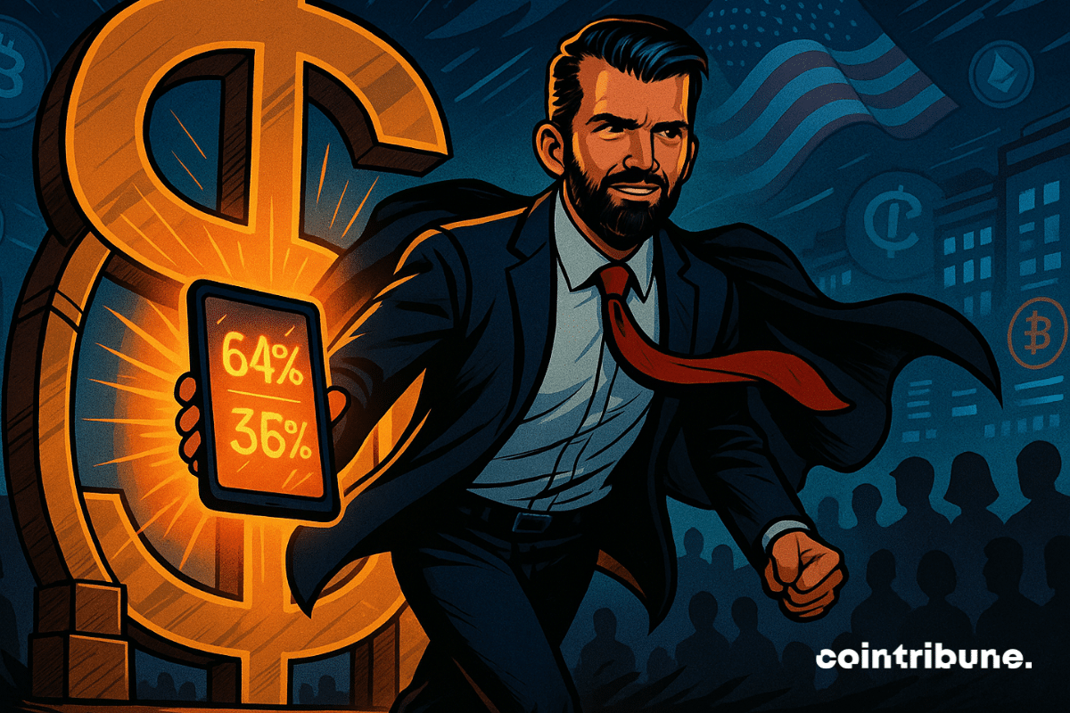 Trump Jr. passa por um portão em formato de dólar segurando um tablet brilhante com probabilidades de previsão, simbolizando o Polymarket.