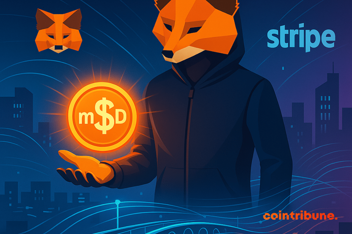 A stylized fox presents a glowing mUSD token on a digital bridge connecting Metamask and Stripe.