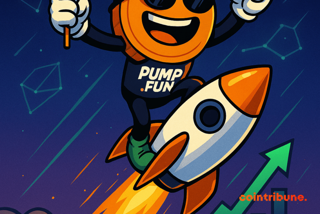 Euphoric Pump.fun mascot rides a rocket, surpassing surprised memecoins in a sky studded with glowing crypto logos.