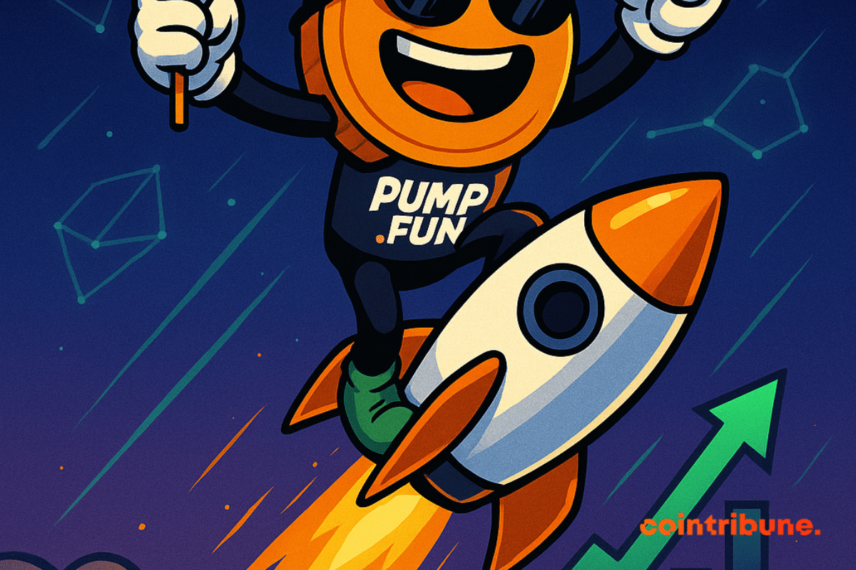 Euphoric Pump.fun mascot rides a rocket, surpassing surprised memecoins in a sky studded with glowing crypto logos.