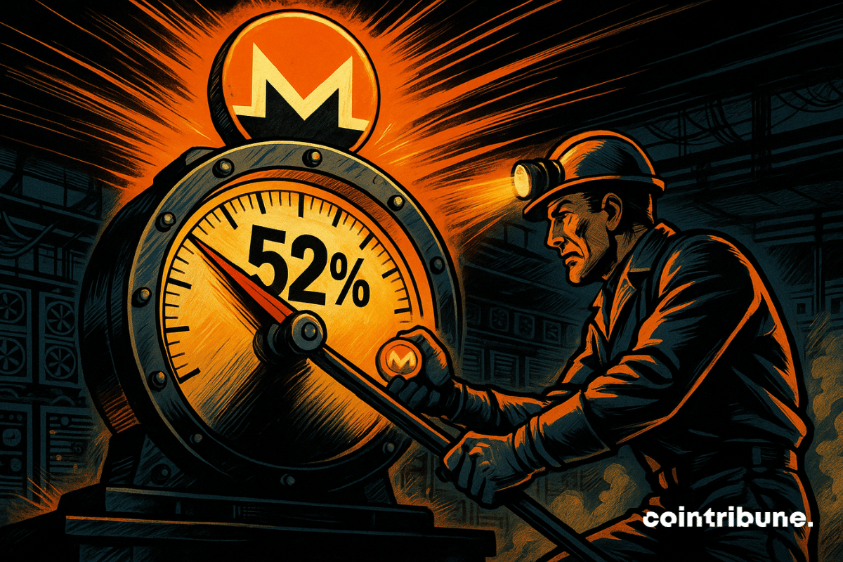 Un immense compteur mécanique de style industriel, dont l’aiguille rouge-orange pointe précisément sur 52 %, ce qui symbolise l’exploit du réseau Qubic. Le cadran est cerclé de métal sombre, avec des rivets apparents, et au sommet trône un logo Monero (XMR) brillant, presque comme un emblème de victoire.