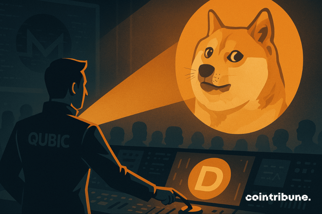 A man in a control room projects a Dogecoin symbol while a Monero logo fades in the background, watched by a crowd.