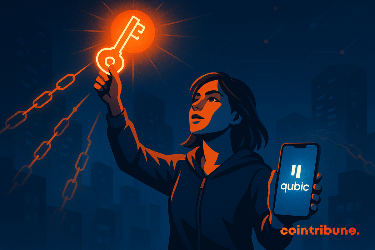 Illustration of a woman holding a light-up key and a smartphone displaying the Qubic logo, symbolizing a decentralized and secure wallet.