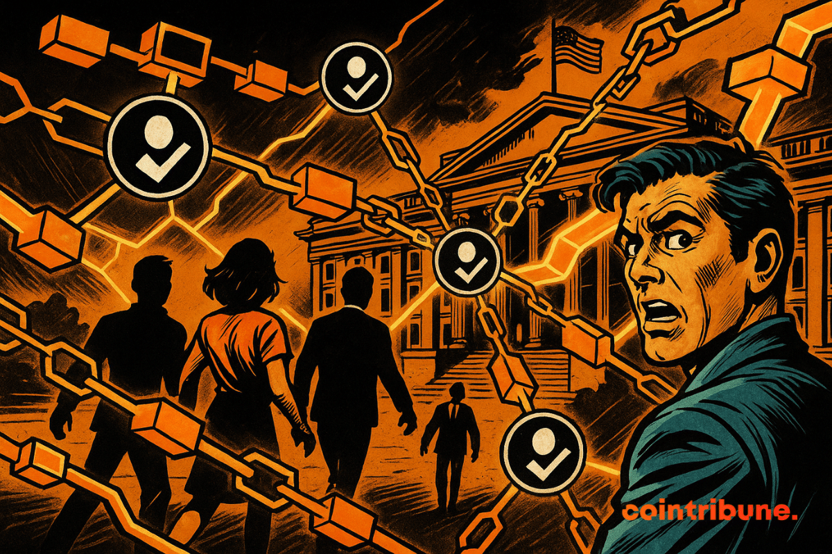 Silhuetas humanas capturadas por redes de luz de blockchain, caminhando em direção ao Tesouro dos EUA, céu preto e alaranjado, marcas de seleção brilhantes, atmosfera dramática futurista.