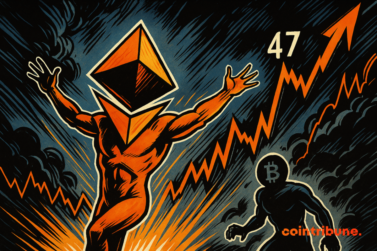 Ethereum naranja heroico en el centro, curvas de mercado dinámicas, Bitcoin más pequeño, tormenta oscura, sombras siniestras, tensión y volatilidad acentuadas.