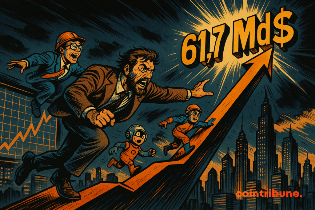 Ascending mountain graph, DATCO/ETF/CeFi figures climbing, futuristic city in background, figure .7 bn, colors black, white, orange, dynamic.